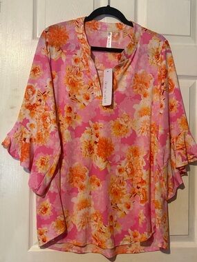 Citrus Floral Pink V-Neck Ruffle Sleeve Tunic
